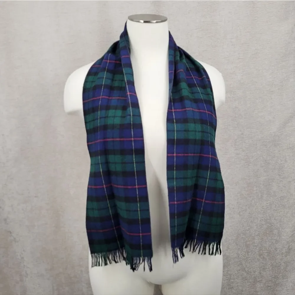 Vintage Wool Tartan Plaid Navy Blue and Green Scarf with Short Fringe